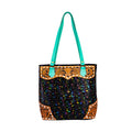 Myra Galaxy Fire Handtooled Shoulder Bag Black Sparkle Body with Aqua Leather Straps